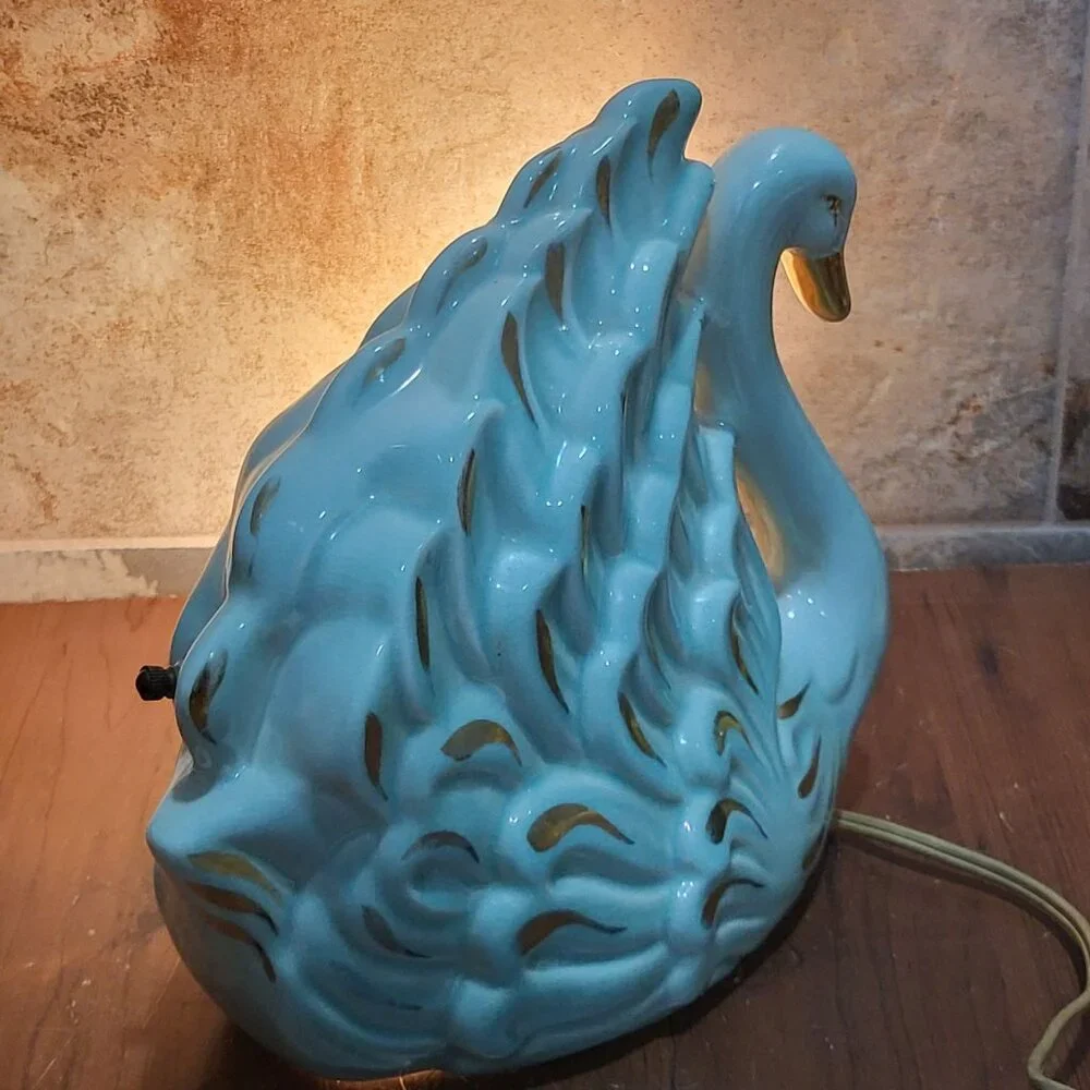 Vintage Gilded Blue Swan TV Lamp Night Light Ceramic